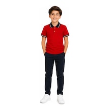 Kısmetsepeti Çocuk Pamuklu Yumuşak Dokulu Lacivert Polo Yaka Kırmızı Okul Tshirt Kırmızı - Siyah
