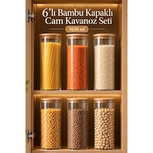 Porsima 3-3 Bambu Vakumlu Kapaklı Yuvarlak Cam 6lı Kavanoz Seti Saklama Kabı 1650ml 10x25cm Cam - Şeffaf