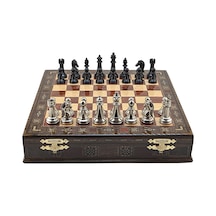 Gifthome Premium Black Metal Klasik Satranç Takımı Ve El İmali Masif Ahşap Sandıklı Gül Tahtası 38x38x6 Cm.