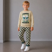 Matcha Baskılı Sweatshirt Ve Yeşil Dama Desenli Pantolonlu Erkek Çocuk Bej/zümrüt Yeşil 2iplik 2'li Krem Rengi