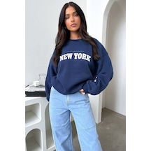 New York Thatsofetch Sweatshirt - Lacivert Baskılı Oversize Bisiklet Yaka Lacivert