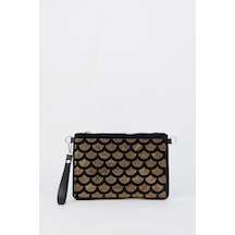 Vivaq Kadın Yelpazer Altın Taşlı Süet Bilek Askılı Ve Zincir Askılı Portföy El Ve Clutch Çanta SİYAH