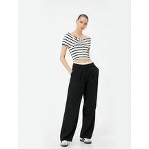Koton Fermuarlı Omzu Açık Tişört Kat Detaylı Kısa Kollu Viskoz Kumaş Slim Fit Ekru Çizgili 4sal11069ık Ekru
