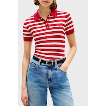 Tommy Hilfiger Çizgili İpek Karışımlı Kısa Kollu Düğmeli Polo Yaka Kazak Bayan Polo Yaka Kazak Ww0ww48503 04w Kırmızı-beyaz