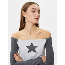 Koton Kayık Yaka Tişört Uzun Kollu Renk Bloklu Yıldız Aplike Detaylı Slim Fit Gri Melanj 4sal10500ık 4SAL10500IKGRM Gri Melanj