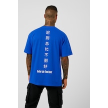 Çince Baskılı T-shirt Saks Mavisi