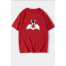 Unisex Sylvester Baskılı Kısa Kol T-shirt Kırmızı