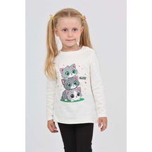 Toontoy Kız Çocuk Üçlü Kedi Baskılı Sweatshirt Ekru