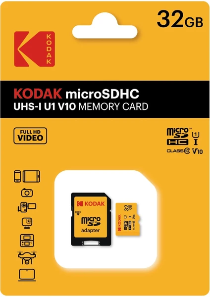Kodak 32gb Micro Sd Uhs-ı C10 U1 V10 Kart + Adaptör Sarı