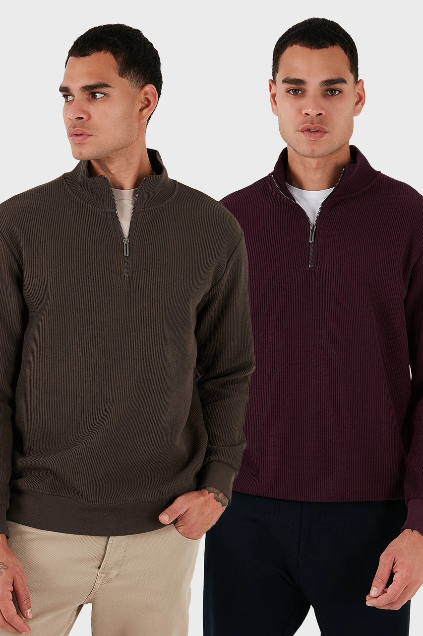 Buratti Pamuklu Regular Fit Yarım Fermuarlı Dik Yaka 2'Li Paket Erkek Sweat 5905716S2 Koyu Kahve-Vişne