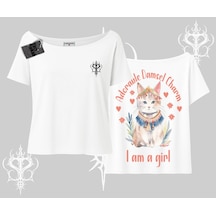 Tarzsokak Cute Princess Kedi Tasarımlı Arka Baskılı Kayık Yaka Tshirt Beyaz
