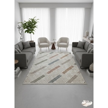 Konak Halı Renkli Modern Halı Geometrik Desenli Emboss Saçaklı Salon Halısı Krem