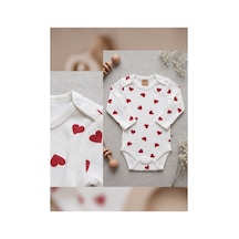 Deniva Kids %100 Pamuklu Kalp Baskılı Fitilli Uzun Kol Bebek Body Zıbın - Beyaz 1 Yaş