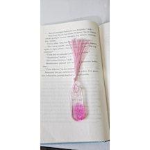 Pembe Çiçek Desenli Kitap Ayracı, Kurutulmuş Çiçek Detaylı, Şeffaf Reçine Kaplama