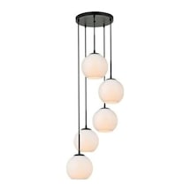 Tr Metal Modern Siyah Retro Rustik Yuvarlak 5 Li Opal Camlı Sarkıt Avize Diğer