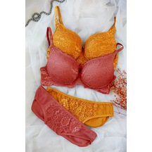 Ang Butik Kadın Hardal Ve Kiremit Rengi Dolgulu Balenli Sütyen Külot 2'li Paket Çok Renkli