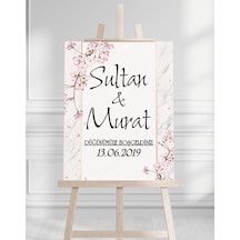 Söz Nişan Düğün İçin 50x70 Karşılama Panosu - Pembe Renkleri Çiçek Temalı Beyaz
