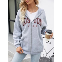 Altamira Unisex Bej Boston Baskı Kapüşonlu Hırka 001