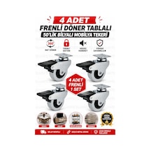 4 Adet Frenli Döner Tablalı 50 Mm Bilyalı Mobilya Tekeri 360 Döner Masa Dolap Sehpa Tekeri Ağır Yük Çok Renkli