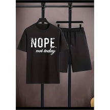 Medinenur Nope Baskılı T-shirt Short Bol Paça Rahat Kalıp Siyah Alt Siyah Üst Short Takım Siyah