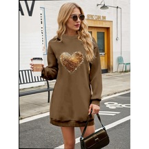 Kadın Uzun Kollu Bisiklet Yaka Kalp Desenli Viskon Iki Iplik Bluz Kahve