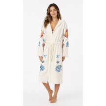 Kadın Müslin Plaj Kimonosu Kapüşonlu %100 Pamuk Baskılı Yazlık Kimono Bornoz Krem