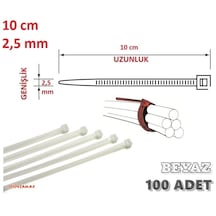 100 Adet 10cmx2.5mm Beyaz Plastik Cırt Kelepçe Kablo Bağı