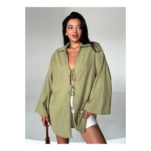 Laluvia Haki %100 Keten Bağcık Detaylı Kimono Bluz - 5218 Haki