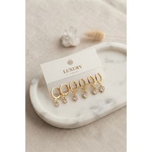 Kalp Zirkon Taşlı Gold Renk Pirinç Set Küpe Çok Renkli