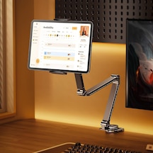 Premium Alüminyum Tablet Ve Telefon Standı, İpad İle Uyumlu, 4.7-12.9 İnç Uyumlu 360 Döner Kelepçeli Masa Tutucu, Ayarlanabilir, Güçlü Sıkıştırma, T01 Flat