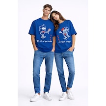 Sevgili Kombini Robot Baskılı Çift Tişört Oversize Unisex Partner Lacivert