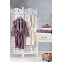 Family Dantelli Mor & Krem Aile Bornoz Seti 6 Parça Çeyizlik