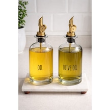 Qerhome Mermer Stantlı 2'li Gold Başlıklı Şeffaf Cam Yağdanlık Seti 500 Ml+500 Ml Oliva Glass Şeffaf