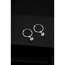 925 Ayar Gümüş Pembe Taşlı Yıldız Model Halka Küpe UVPS301151-2