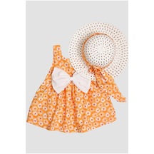 Şapkalı Papatya Desenli Fiyonklu Kız Bebek Elbisesi-sarı
