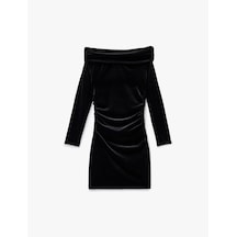 Koton Slim Fit Uzun Kollu Omzu Açık Madonna Yaka Mini Kadife Elbise Siyah 6wak80188ek Siyah