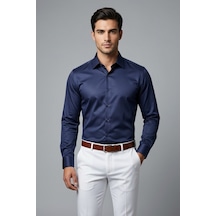 Torivalli Collection Dar Kesim Slimfit Saten Kolay Ütülenebilen Mevsimlik Cepsiz Uzun Kollu Kol Düğmesi Takılabilen Erkek Gömlek Lacivert