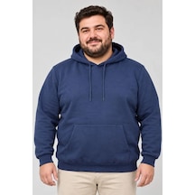 Suma Erkek Büyük Beden Üç İplik Şardonlu Kapüşonlu Kanguru Cepli Sweatshirt Lacivert