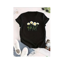 Medinenur Yan Yana Papatya Desenli Basic T-shirt Siyah