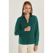 Tudors Kadın Slim Fit Dar Kesim Uzun Kollu Pamuklu Vücuda Oturan Dokulu Yeşil Basic Gömlek-38817 Yeşil