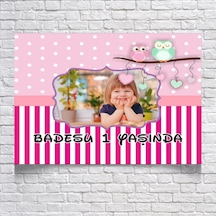Pembe Çizgili Baykuşlu Doğum Günü Afişi 35x50 Cm