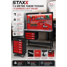 Staxx Stax1550x 1.5 Metre 3 Çekmeceli Endüstriyel Takım Dolabı Tezgahı Atölye Tezgahı + 5 Çekmece