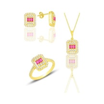 Gümüş Altın Yaldızlı Baget Kesim Kök Yakut Taşlı Çizgili Üçlü Se