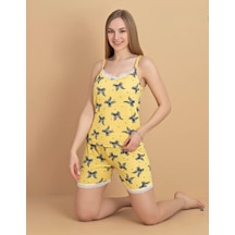 Pijamerry Kadın İp Askılı Milan Kumaş Likralı Şortlu Pijama Takımı 5962 - 1 Adet Sarı