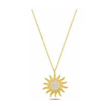 Çekirdekjewelry 925 Ayar Gümüş Güneş Kolye Zirkon Taşlı Parlak Ve Şık Tasarım Kadın Kolye Sarı
