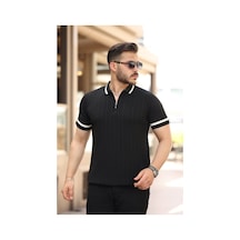 Erkek Yaka Ve Kolları Çizgi Detaylı Fermuarlı Kısa Kollu T-shirt Siyah