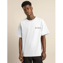Erkek Bisiklet Yaka Baskılı Kısa Kol Oversize T-shirt - Beyaz Beyaz