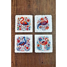 Doğal Taş Bardak Altlığı 4'lü Set 10x10x1 Cm Filamingo Desenler -stone Coasters Çok Renkli