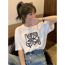 Unisex Beyaz Oversize Emaggie Baskılı Örme T-shirt Beyaz-55798