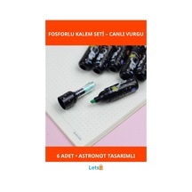 Astronot Desenli Fosforlu Kalem Seti 6 Adet Çok Renkli